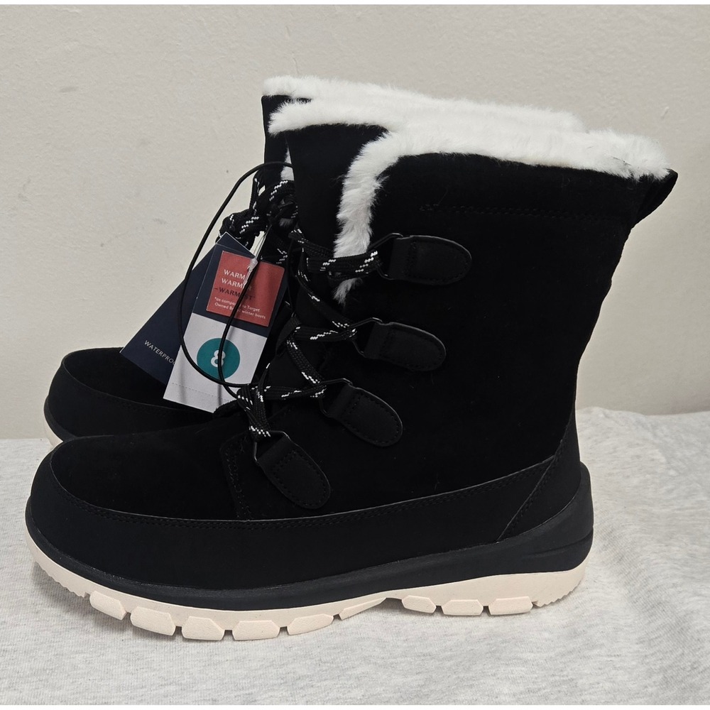 Universal Thread Womens Black Waterproof Winter Boots Faux Fur Trim Size 8